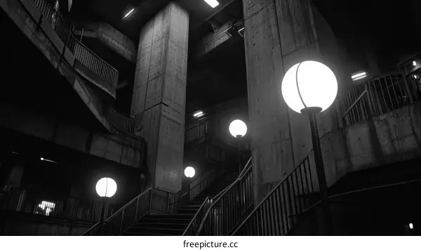 Concrete Underground Staircase at Night