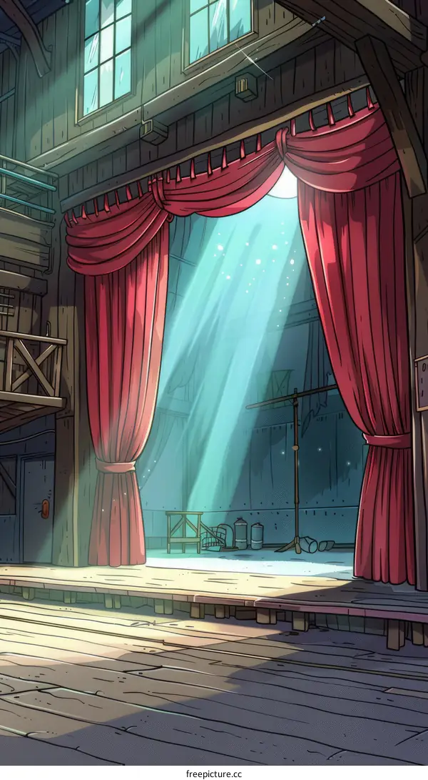 An empty theater stage with red curtains