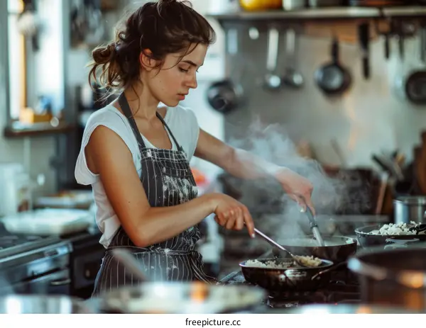 Focused young female chef cooking in a commercial kitchen