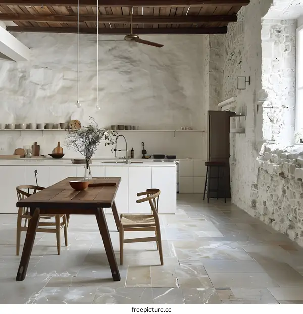 Minimalist Kitchen Interior Design With Exposed Brick Wall And Wooden Beams