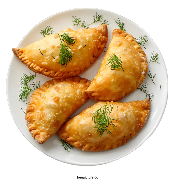 [Transparent Background PNG]Four Delicious Empanadas Garnished with Dill on White Plate