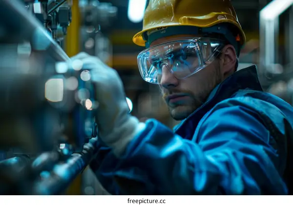 technician wearing hardhat and safety glasses in industrial setting