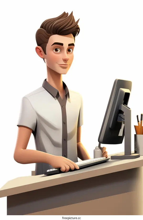 Male employee working on computer in office