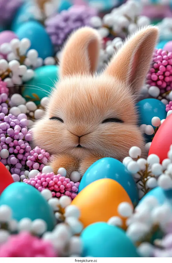 Adorable Easter Bunny Nestled Among Colorful Eggs