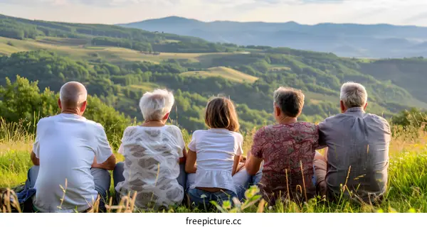 Group of Friends Sitting on a Hilltop Looking at the Scenic View