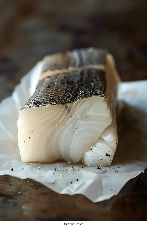 Fresh Raw Cod Fillet on Parchment Paper