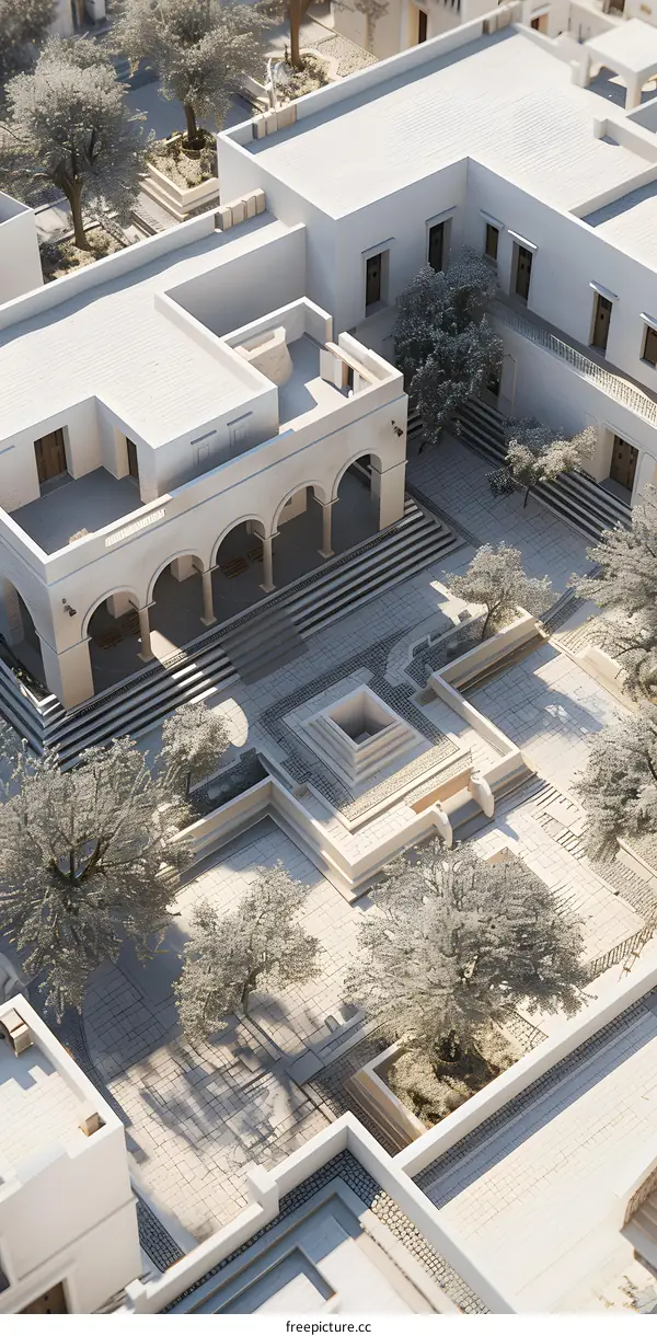 White Architecture Courtyard with Trees