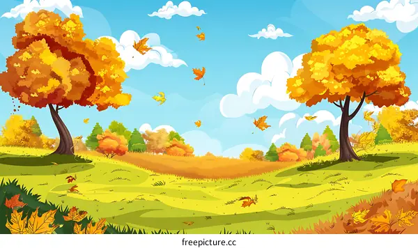 Autumn Landscape With Golden Trees And Falling Leaves