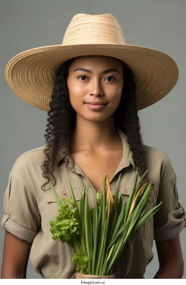 Portrait of a young woman wearing a straw hat and holding a bunch of green onions