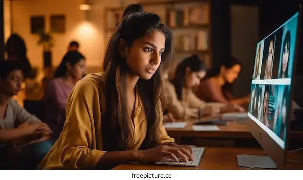Indian woman working on computer in office with colleagues in the background