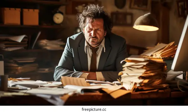 A man looking stressed while sitting at his desk surrounded by paperwork
