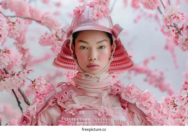 Female Samurai in Pink Armor Stands in Cherry Blossom Field