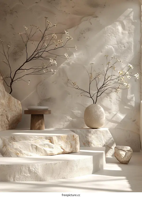 Minimalist Stone Display with Floral Decor