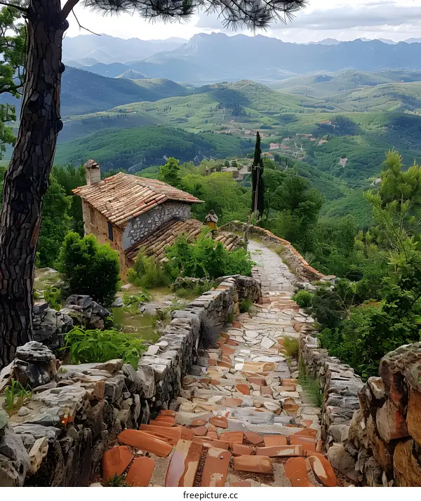 Stone path leading to a small house on top of a hill