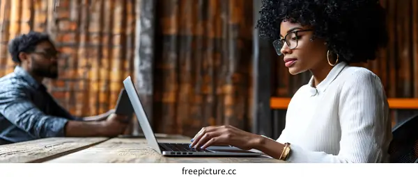 African American Woman Using Laptop in Cafe