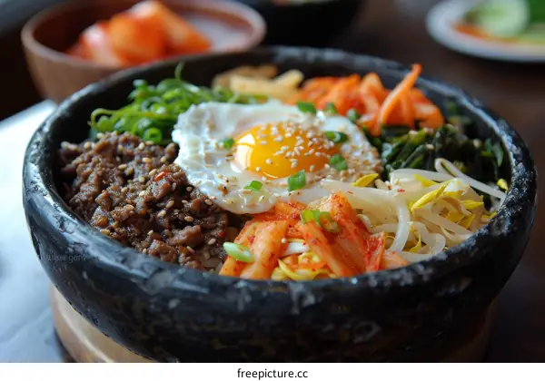 Korean Dolsot Bibimbap with Egg, Beef, Spinach and Kimchi