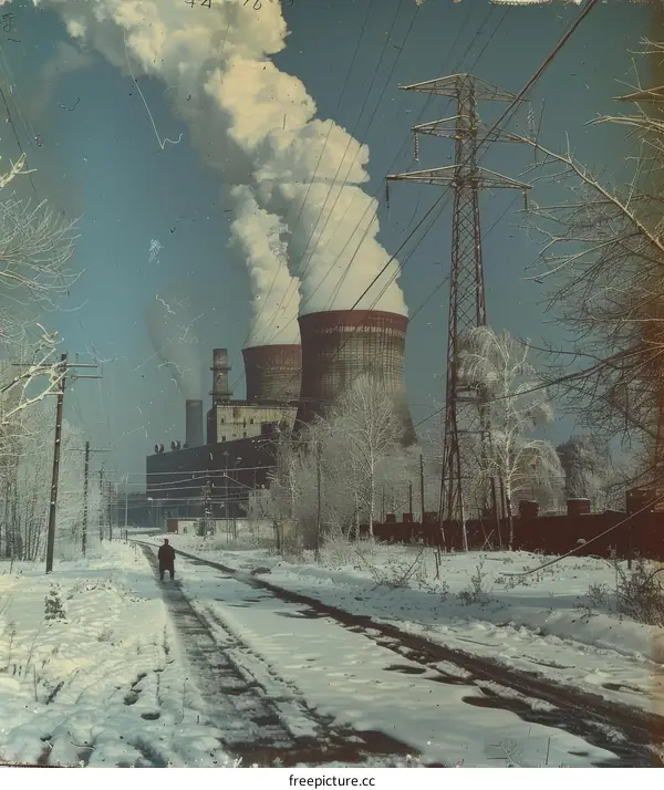 man walking away from two cooling towers of power plant in winter