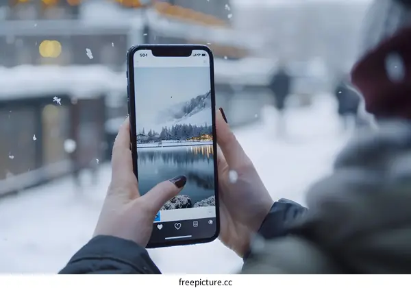 Person Viewing Winter Landscape Photo on Phone