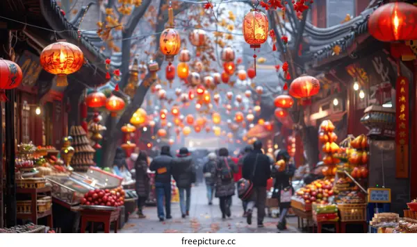 Crowded Chinese street market with people shopping and red lanterns hanging above
