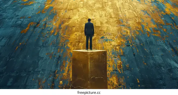 man standing on a pedestal looking at a large golden wall