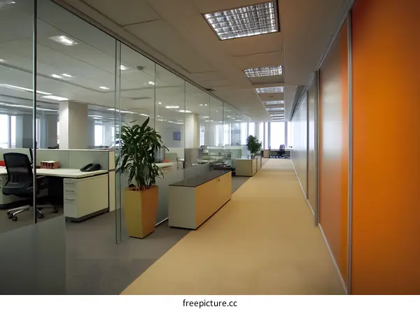 Modern Office Hallway with Glass Walls and Orange Accent Walls