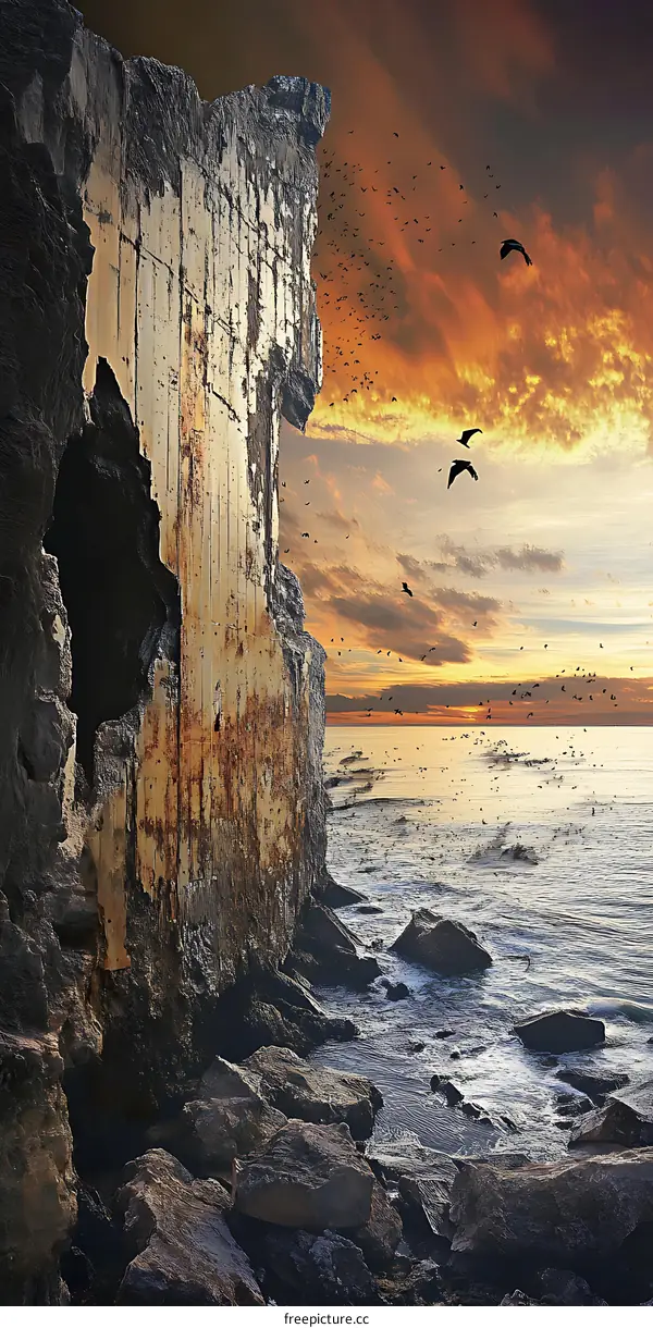 The Old Concrete Wall With Cracks Facing The Sea During Sunset