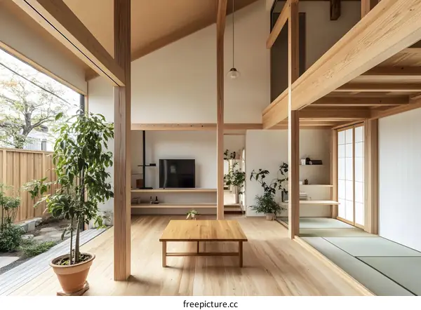 Modern Japanese Home Interior Design with Wooden Beams and Floor