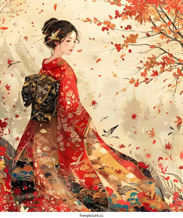 A beautiful Japanese woman wearing a red kimono standing in a field of red maple leaves.