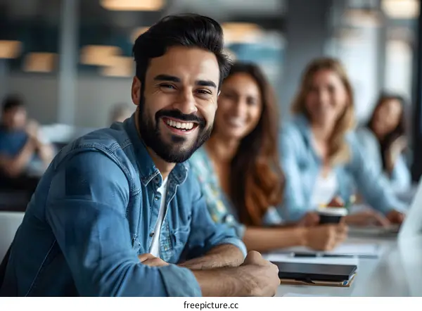 Portrait of a smiling young man with a beard in a blue shirt sitting in a classroom with other people in the background