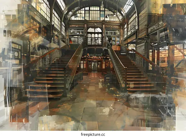 Vintage Interior Design with Wooden Stairs and Glass Ceiling