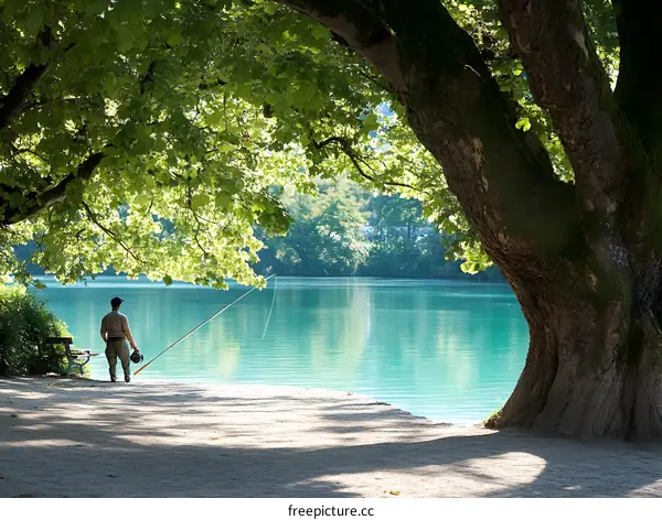 Man Fishing By The Lake Under A Tree
