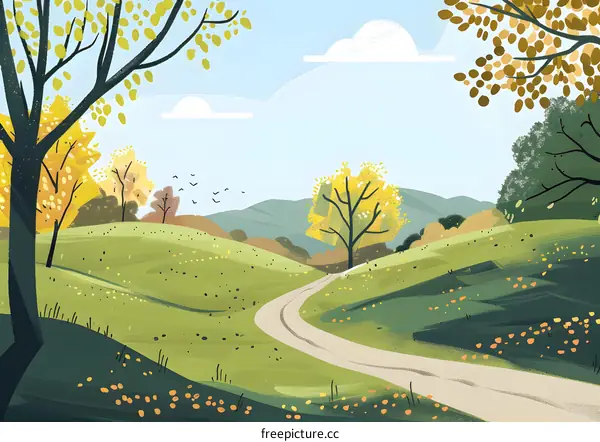 Autumn Landscape with Winding Path and Yellow Trees