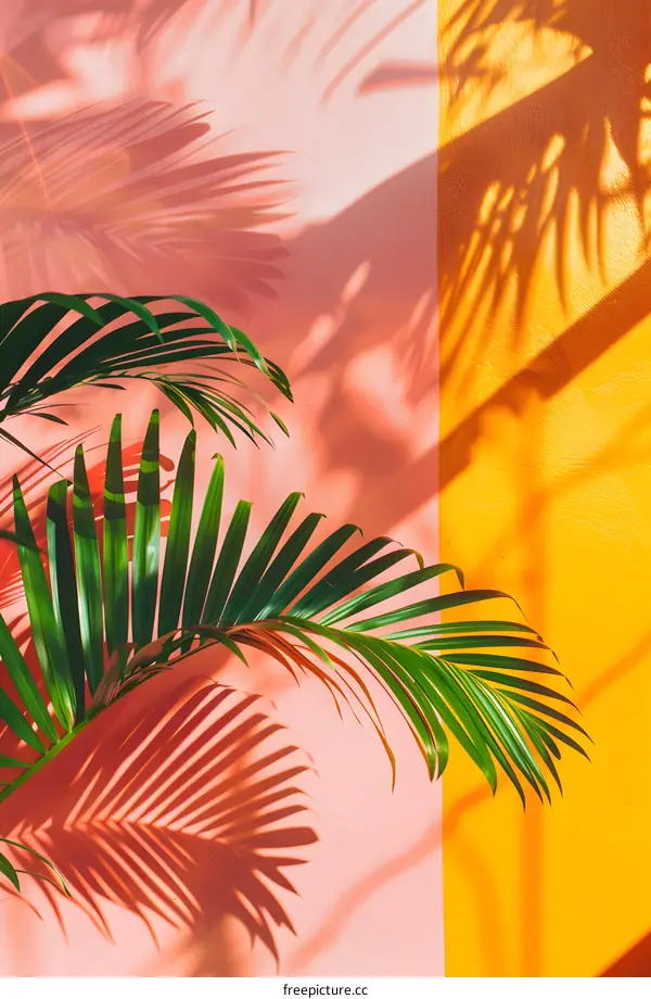 Palm Leaves Shadow On Pink And Yellow Wall