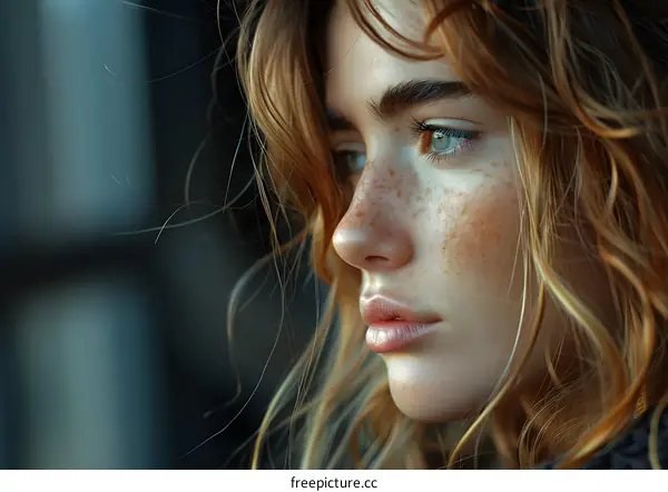Portrait of a young woman with freckles and green eyes