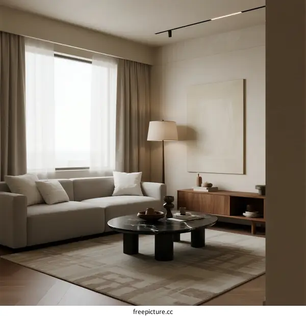 Modern minimalist living room with large window and neutral color scheme