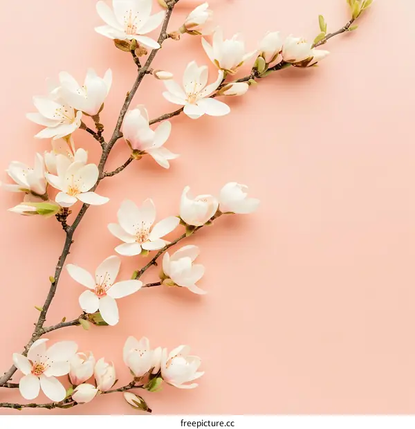 White Flowers Branch on Pink Background