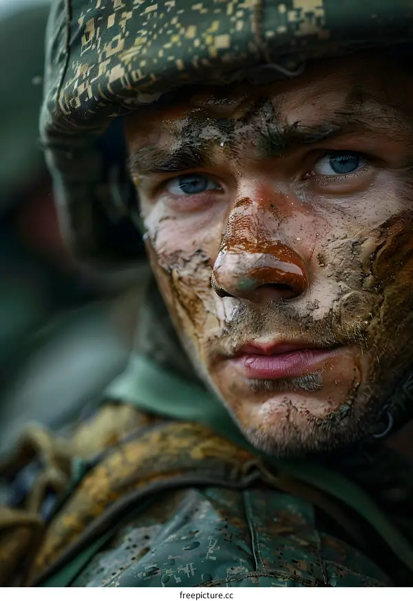Portrait of a soldier with camouflage on his face