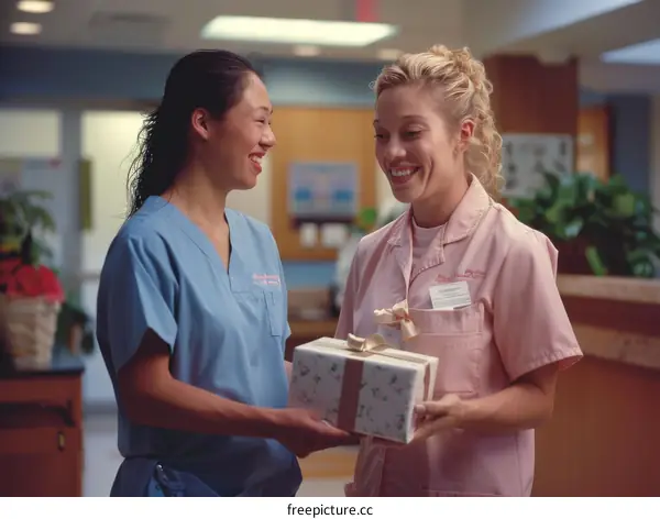 Two nurses talking and laughing while one is holding a gift