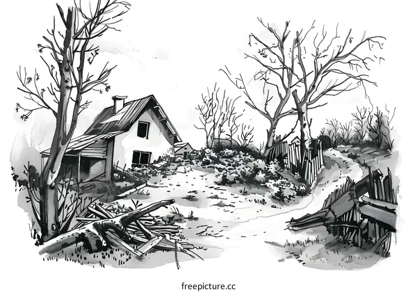 Black and White Illustration of a Rural Landscape With a Small House and a Path
