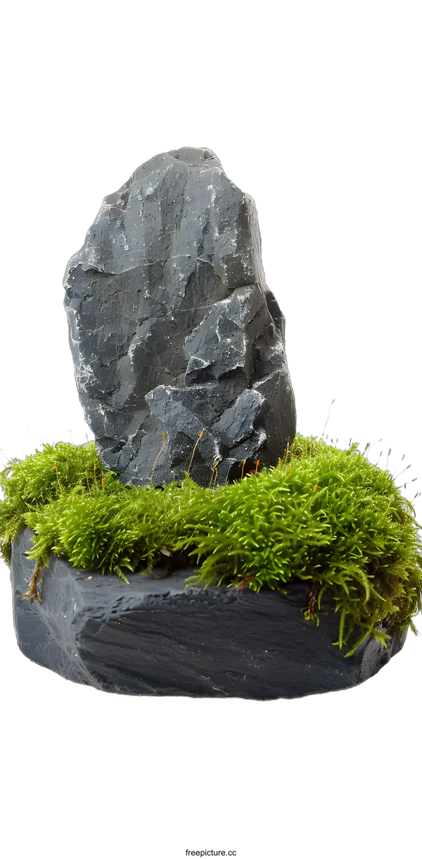 [Transparent Background PNG]Gray Rock with Green Moss on Slate Base