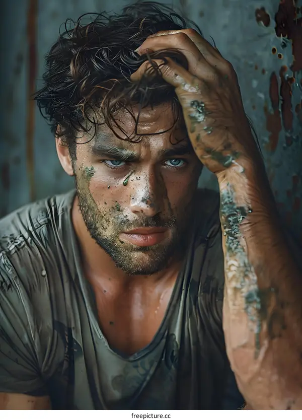 Portrait of a handsome young man with mud on his face