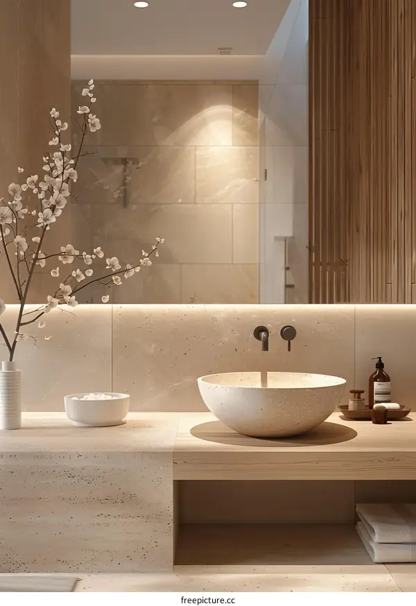 Modern Beige Bathroom Sink with Wooden Vanity