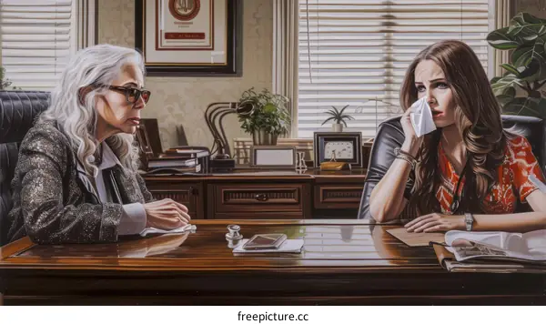 Two businesswomen in a serious conversation in an office