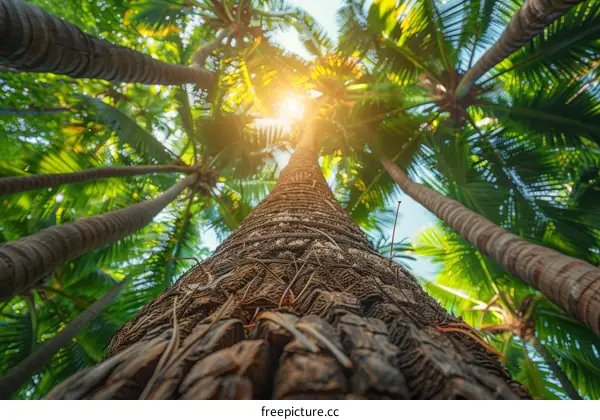 Looking up at tall palm trees against the bright sun
