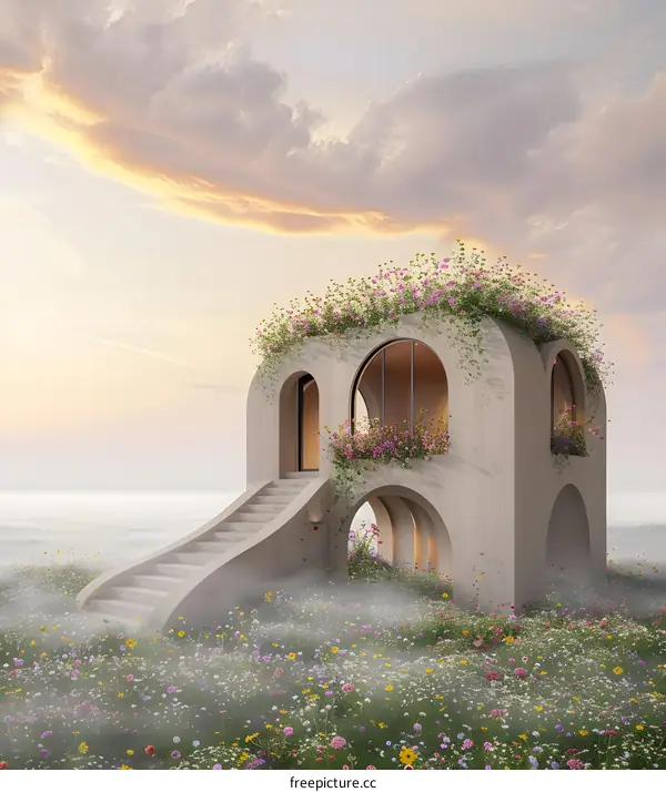 Modern Minimalist House With Arched Windows In A Field Of Flowers