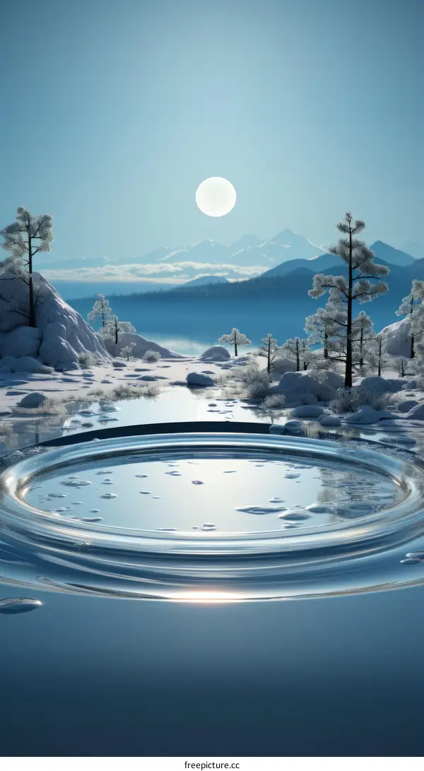 Winter Snow Landscape With Frozen Lake And Snow Covered Trees