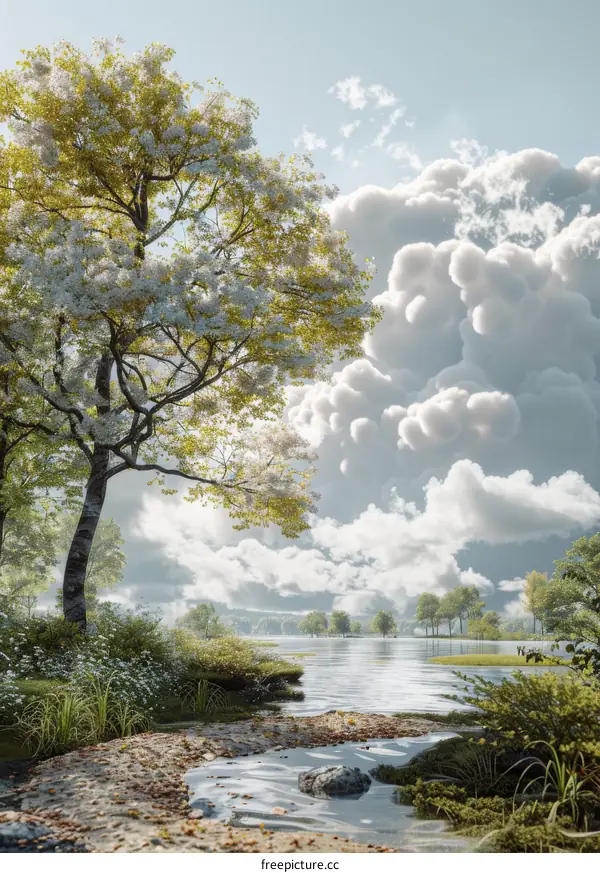 A serene spring landscape with a cloudy sky