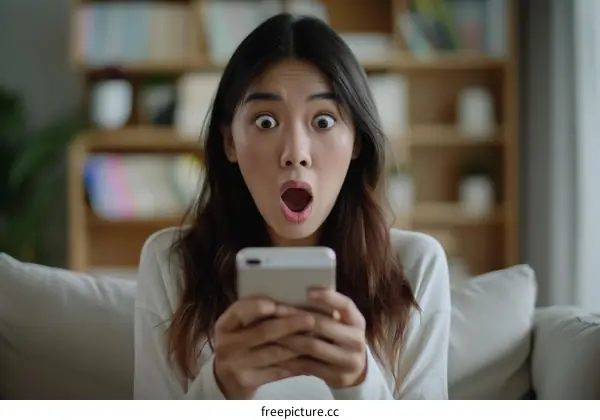 Asian woman looking at her phone with surprise