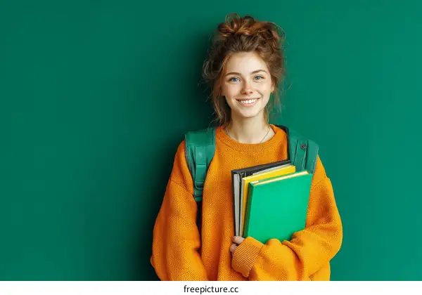 Smiling Student with Books against Green Background