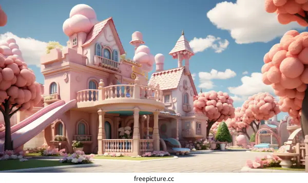 A pink and blue cartoon house with a garden